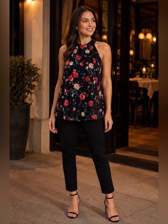 Gibson Tops - Gibson Black Rose Floral Halter Neck Swing Blouse Size Medium